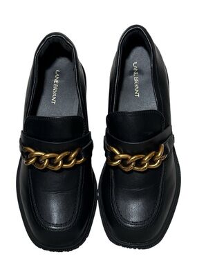 EUC Lane Bryant Black Chunky Heel Loafers with Gold Chain Detail Size: 10.5W